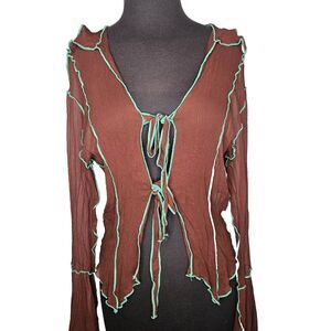 SIEDRES Zee Fluted Sleeve Tie Front Shirt 38 Medium Brown Green Sheer Fairy $350
